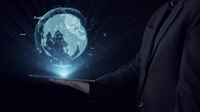 A modern digital tablet displays holographic representations of various global languages like English, Spanish, and Chinese, symbolizing multilingual communication. Qubit