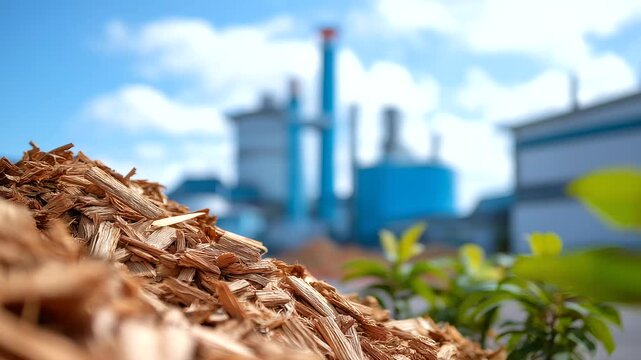 Paper mill facility with wood chip processing and pulping equipment featuring sustainable forestry practices and recycled material integration in manufacturing process blurred
