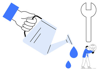 Watering can pouring water, large wrench, and person holding a glowing light bulb. Ideal for growth, creativity, teamwork, innovation, solutions collaboration and productivity. A simple flat