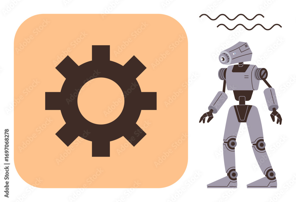 Poster robot with mechanical limbs next to gear inside peach square suggests innovation, ai, and automation