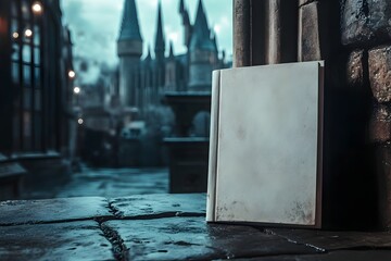 blank book mockup with a magical castle in the background, fantasy concept of imagination, storytelling, creativity, and dreamlike inspiration for book design or illustration projects
