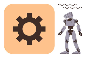 Robot with mechanical limbs next to gear inside peach square suggests innovation, AI, and automation. Ideal for technology, cybernetics, robotics, engineering, machine learning, industry digital