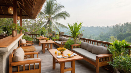 serene lounge area inspired by bali vibes featuring plush cushions surrounded by lush greenery and soft natural