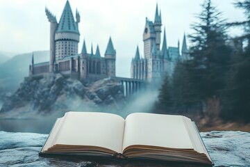 Open blank book mockup with a magical castle in the background, fantasy concept of imagination, storytelling, creativity, and dreamlike inspiration for book design or illustration projects