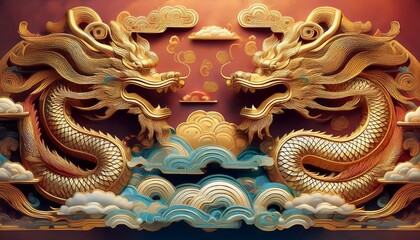 Fototapeta premium ornate asian dragons depicted in bas relief on clouds