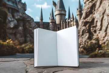 Open blank book mockup with a magical castle in the background, fantasy concept of imagination, storytelling, creativity, and dreamlike inspiration for book design or illustration projects