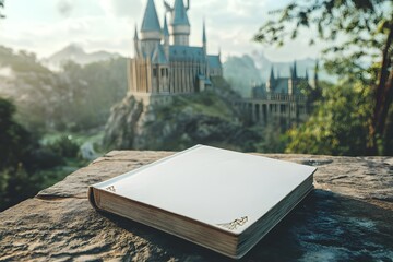 blank book mockup with a magical castle in the background, fantasy concept of imagination, storytelling, creativity, and dreamlike inspiration for book design or illustration projects