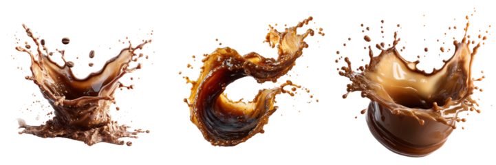 Set of Coffee cream swirl mixing into liquid with tiny bubbles forming naturally on transparent png background. Ai generated