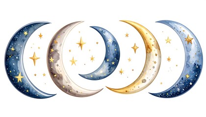 Celestial moon phases, watercolor style