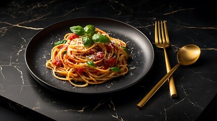 A beautifully plated spaghetti dish garnished with fresh basil on a dark marble surface