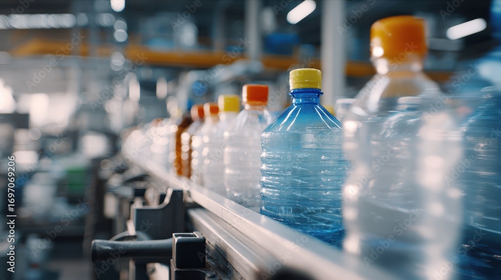 Poster medium shot showing streamlined sorting process of various plastic bottles with sharp focus on conta