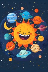 Fototapeta premium Cute smiling sun illustration whimsical and playful design for children, cartoon style sun, happy face, bright and cheerful kids artwork