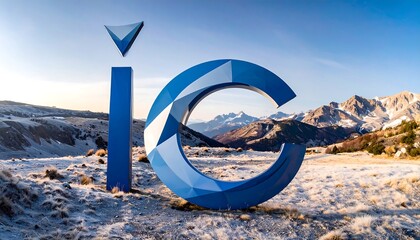 Frozen mountain landscape with a stylized blue 'IC' sign
