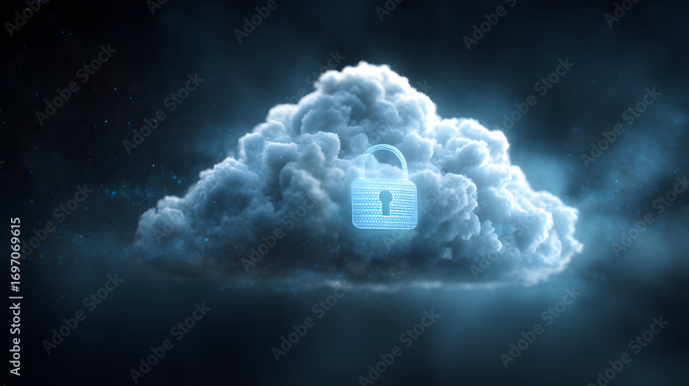 Poster abstract illustration of cloud security services, stlized cloud icon integrate with a secure padlock