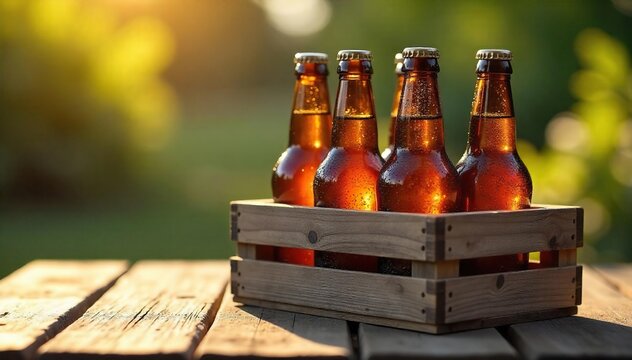 Ice cold beer bottles sweating condensation, sitting in a rustic wooden crate on a sun-drenched patio table Perfect for summer refreshment and relaxation , heat, day, tabletop - Powered by Adobe