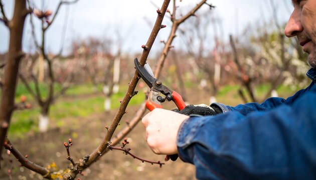 Man pruning a young fruit tree branch