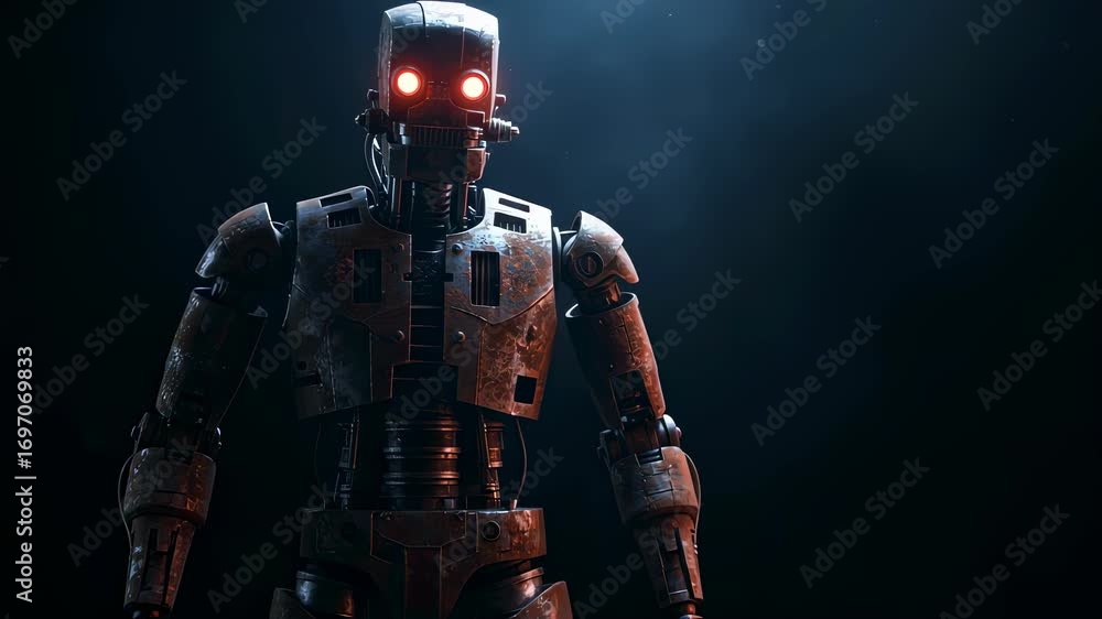 Poster a dystopian robot with glowing red eyes standing in the dark, showcasing artificial intelligence and