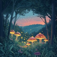 Enchanted woodland glowing with giant mushrooms high resolution picture