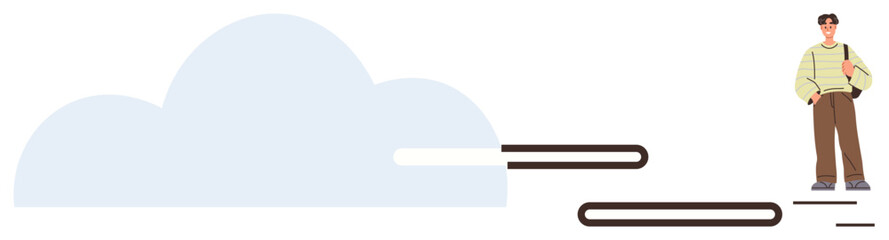 Man climbing floating books towards a cloud. Ideal for education, imagination, intellectual growth, learning, opportunity, self-improvement, and vision. Simple flat metaphor