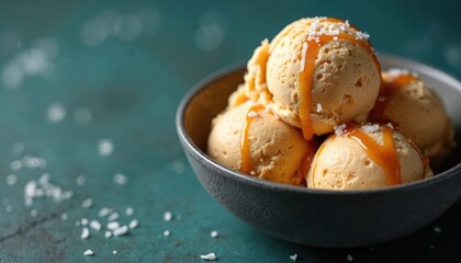 Creamy dulce de leche ice cream scoops in dark bowl, drizzled with rich caramel sauce, sprinkled with sea salt. Indulgent, smooth, decadent dessert perfect for sweet treat celebration.