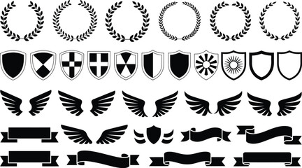 Fototapeta premium Collection of heraldic crests, shields, wings, and banners for design