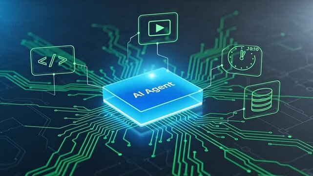 A neon blue rectangular box labeled &ldquo;AI Agent&rdquo; in the center, connected with glowing green circuit lines to multiple icons such as code, video, clock, and database, set on a futuristic dark background