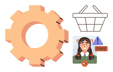 Gear symbolizing mechanism, shopping basket for retail, and face detection AI with deepfake alert warning. Ideal for technology, automation, retail, AI ethics, cybersecurity, online trust