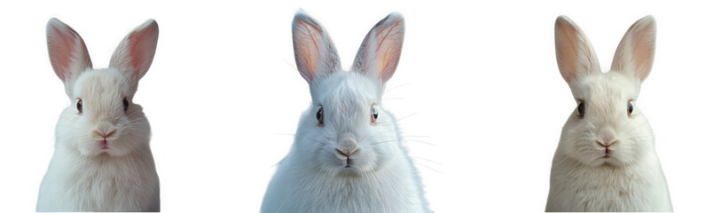 Obraz premium Three adorable white rabbits are sitting side by side, isolated on transparent background, showcasing their soft fur and cute features in a charming composition