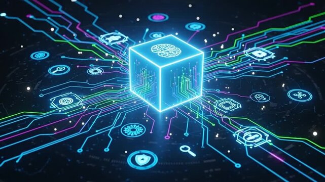 Abstract visualization of an AI agent represented as a glowing neon box, connected through luminous lines to multiple digital icons and nodes.