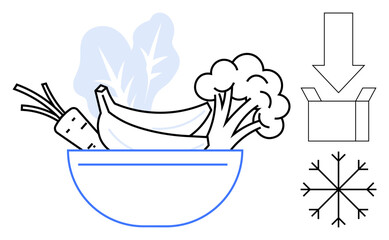Vegetables and fruits in a bowl, arrow pointing to a box, and snowflake for freezing. Ideal for healthy eating, delivery, packaging, sustainability, organic, grocery simple flat metaphor