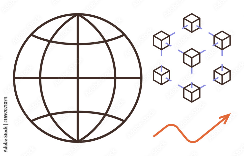 Poster globe representing worldwide connectivity, blockchain cubes linked by lines, and upward curve for gr