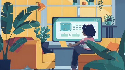 3D illustration of a friendly robot chatbot sitting on a sofa and typing on a laptop, artificial intelligence assistant working remotely in a cozy home environment, futuristic concept