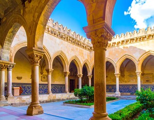 Ancient cloistered courtyard, sunny day