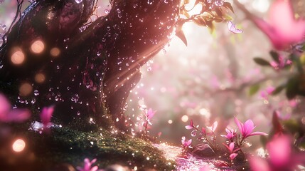 Enchanted woodland glowing with pink blossoms high resolution picture