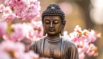 Buddha statue amidst cherry blossoms