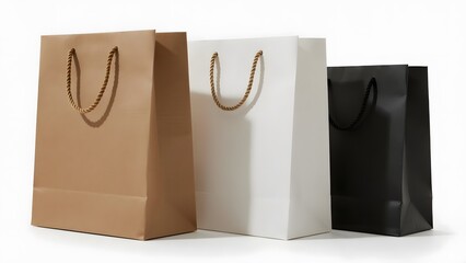 Three tall paper shopping bags in brown white and black on a white background