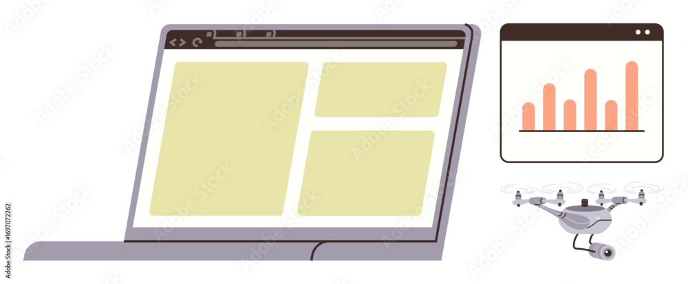 Poster laptop screen with web interface, data analytics chart, and a quadcopter for aerial tasks. ideal for