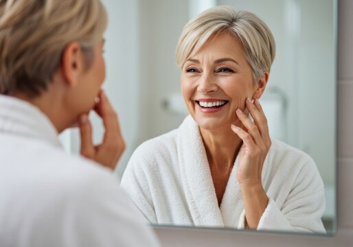 Smiling woman admiring herself in the mirror