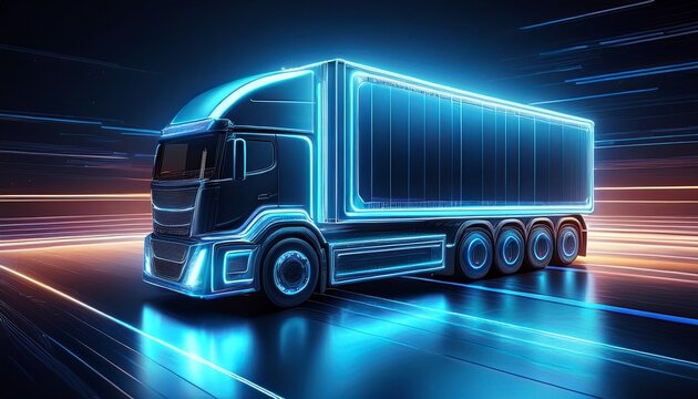 futuristic digital truck in blue neon light on virtual road