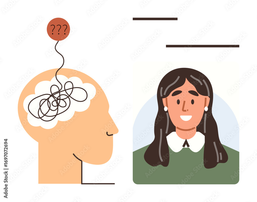 Poster human head with tangled line and question marks symbolizing confusion next to a smiling woman. ideal