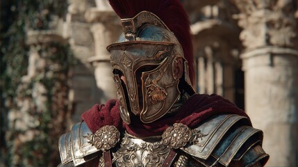 Detailed portrait capturing the armor of a Roman legionary soldier from antiquity.
