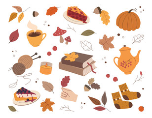 Hand drawn autumn elements set. Cute flat vector seasonal objects. Perfect for festive designs, promotions and decor.