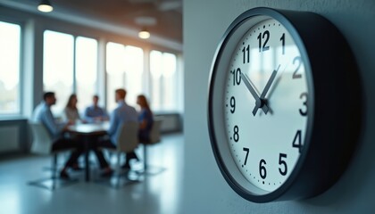 Clock displaying 11 00 in modern office setting. Colleagues collaborate in blurred background. Time management concept. Business meeting, teamwork, collaboration at workspace. Pro activity, planning,