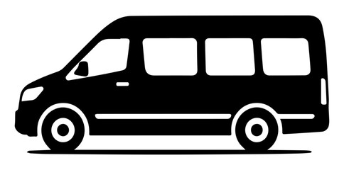 Black and white illustration of a passenger minibus badge in a minimalist style on a white isolated background. Vector graphics. EPS.