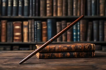 Moody dark academia still life with a wooden table, vintage books, and a magic wand, mysterious candlelight atmosphere evoking knowledge, mystery, and sorcery aesthetic