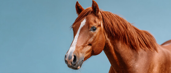 Fototapeta premium Chestnut Horse Portrait on Teal — Equestrian Banner with Copy Space