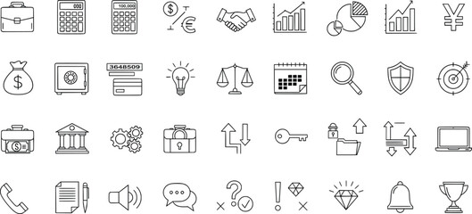 Big collection of business and finance icons, minimal line style vector illustration of money, office payment, bank communication and accounting elements, perfect for web and infographic use