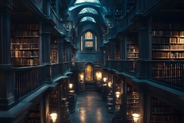 Dark academia style library interior with vintage bookshelves, warm dim lighting, and an intellectual moody atmosphere evoking mystery, knowledge, and classic academic elegance