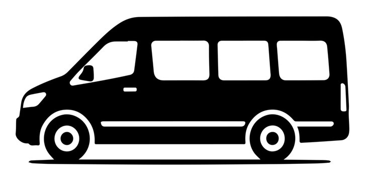 Black and white illustration of a passenger minibus badge in a minimalist style on a white isolated background. Vector graphics. EPS.