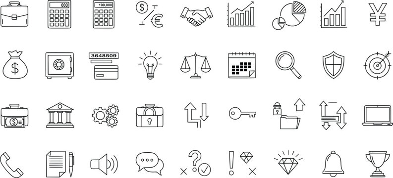 Big collection of business and finance icons, minimal line style vector illustration of money, office payment, bank communication and accounting elements, perfect for web and infographic use